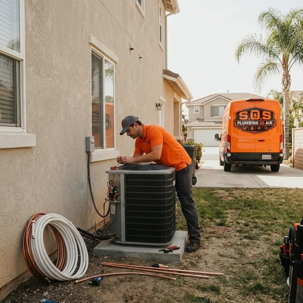 Licensed HVAC technician performing AC installation in the Inland Empire