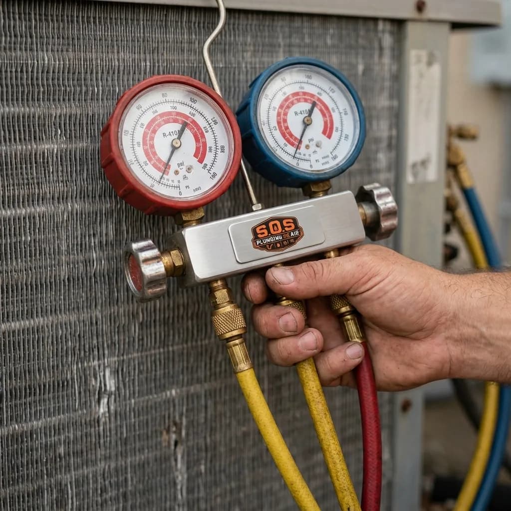 Licensed HVAC technician performing AC maintenance in the Inland Empire
