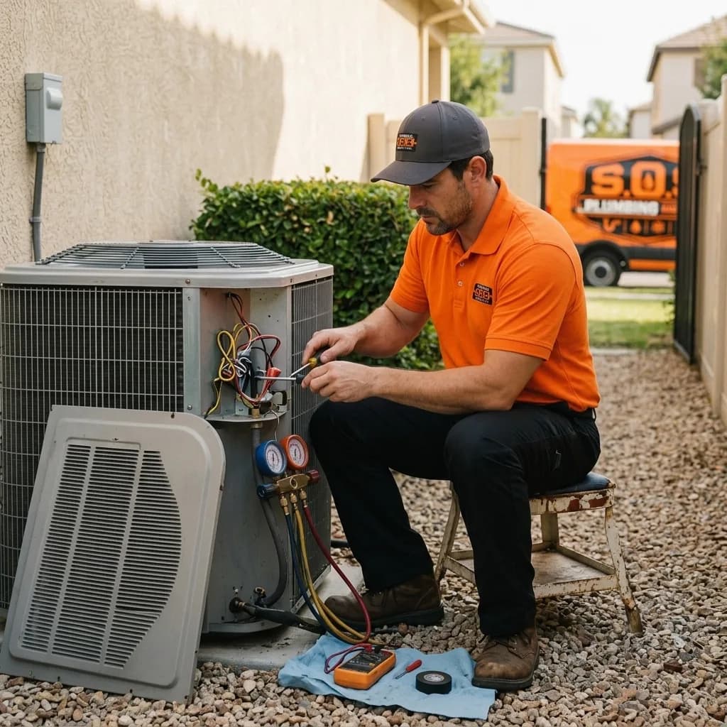 Licensed HVAC technician performing AC repair in the Inland Empire