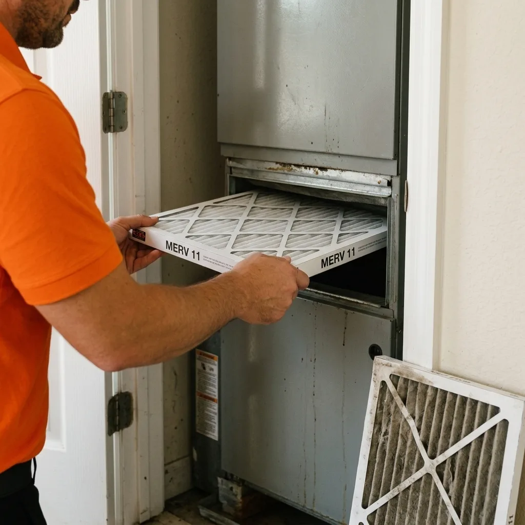 Licensed HVAC technician performing air filtration system installation in the Inland Empire