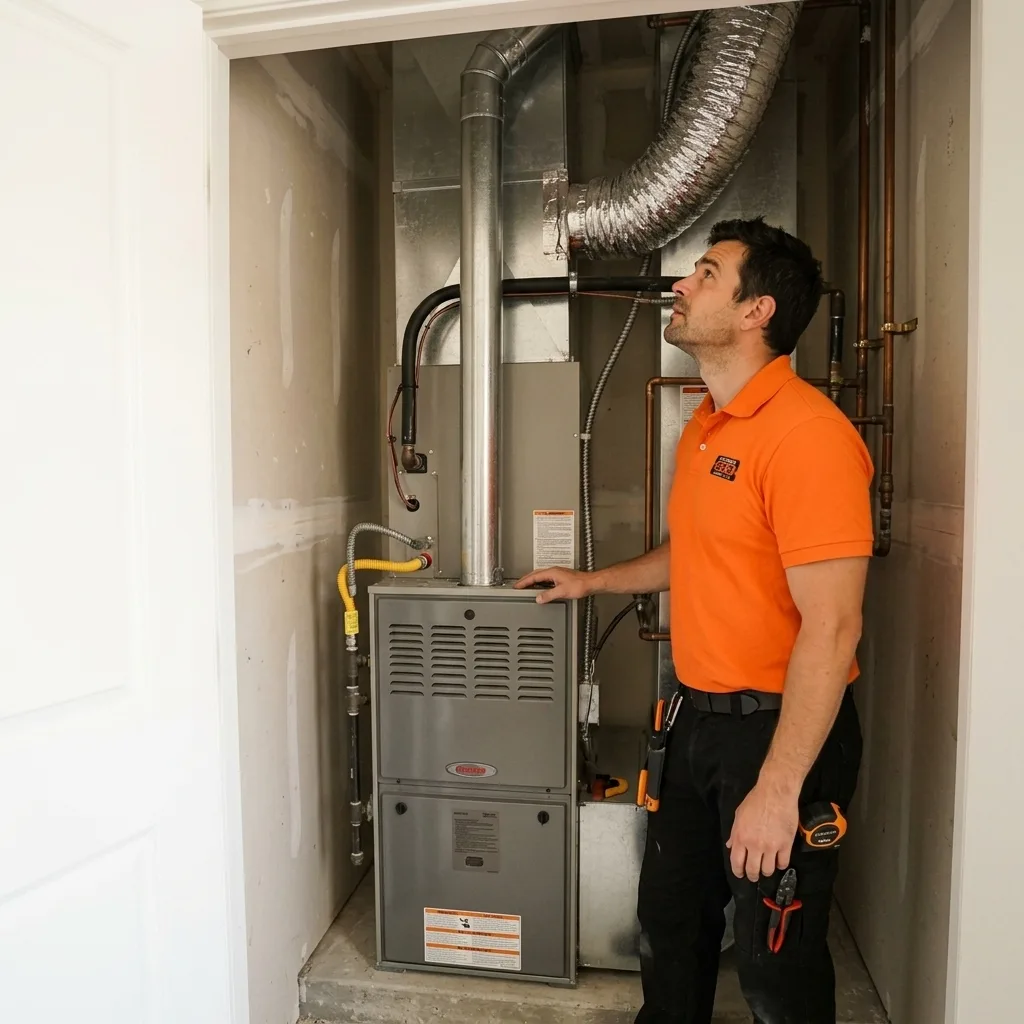 Licensed HVAC technician performing furnace installation in the Inland Empire