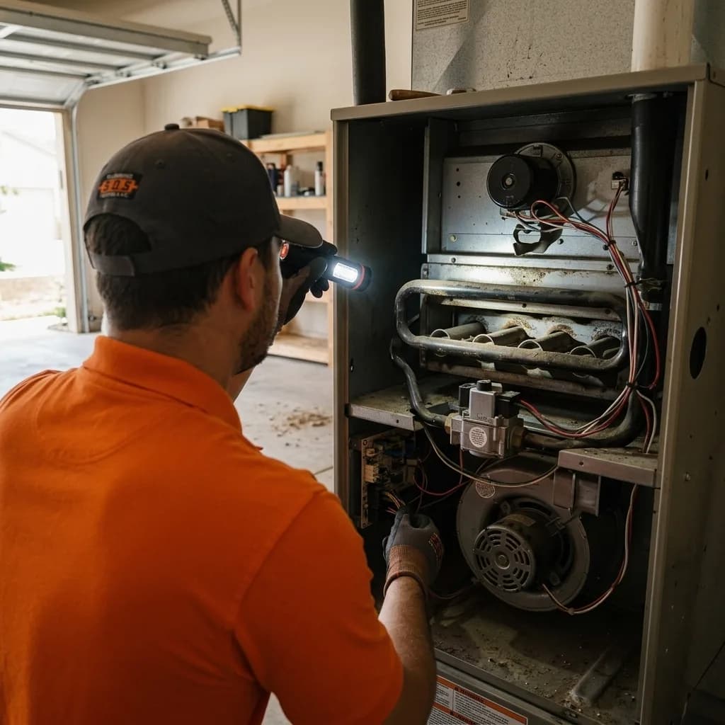 Licensed HVAC technician performing furnace maintenance in the Inland Empire