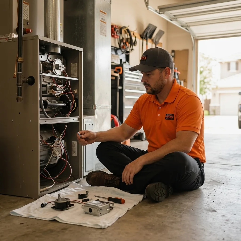 Licensed HVAC technician performing furnace repair in the Inland Empire