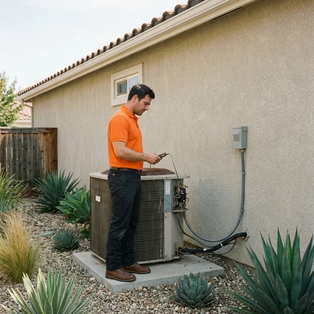 Licensed HVAC technician performing heat pump system installation in the Inland Empire