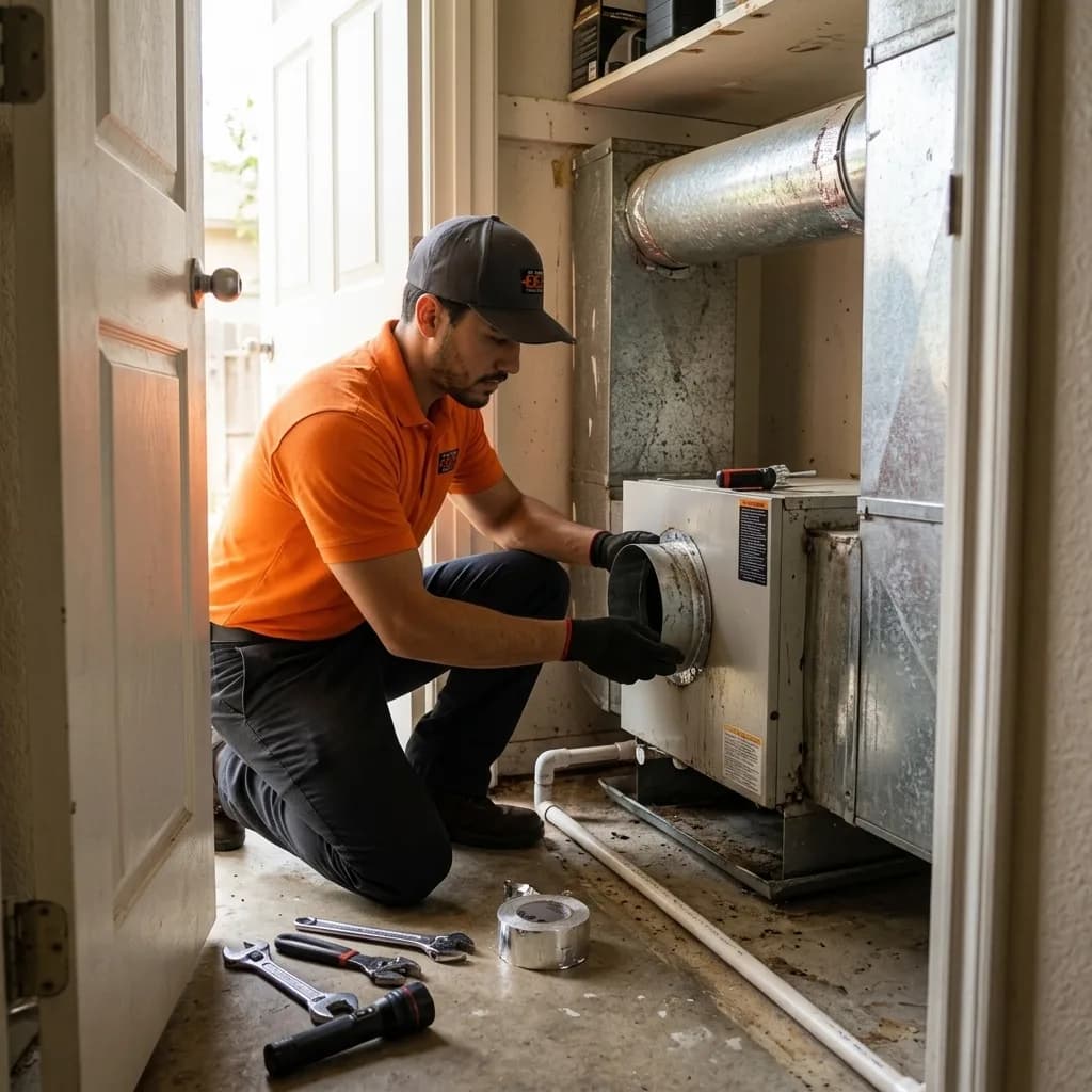 Licensed HVAC technician performing whole-home dehumidifier installation in the Inland Empire