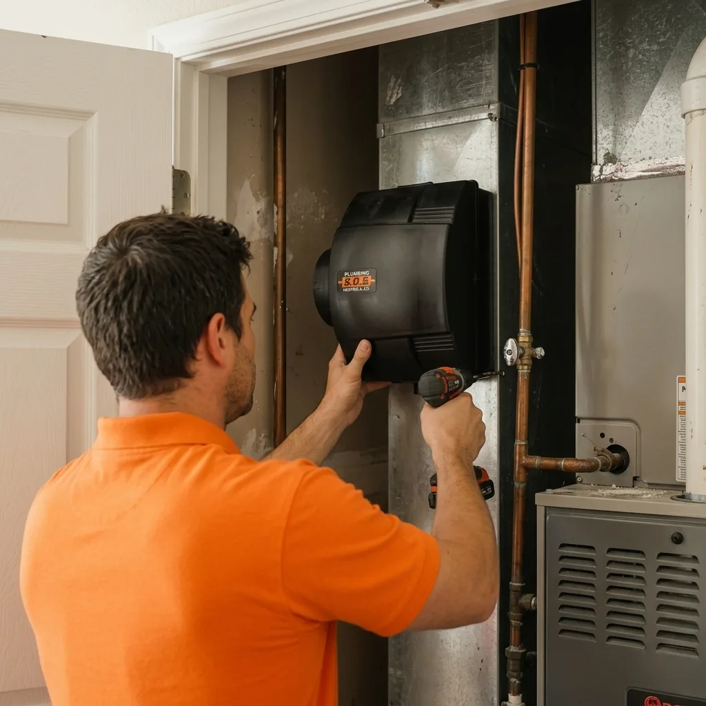 Licensed HVAC technician performing whole-home humidifier installation in the Inland Empire