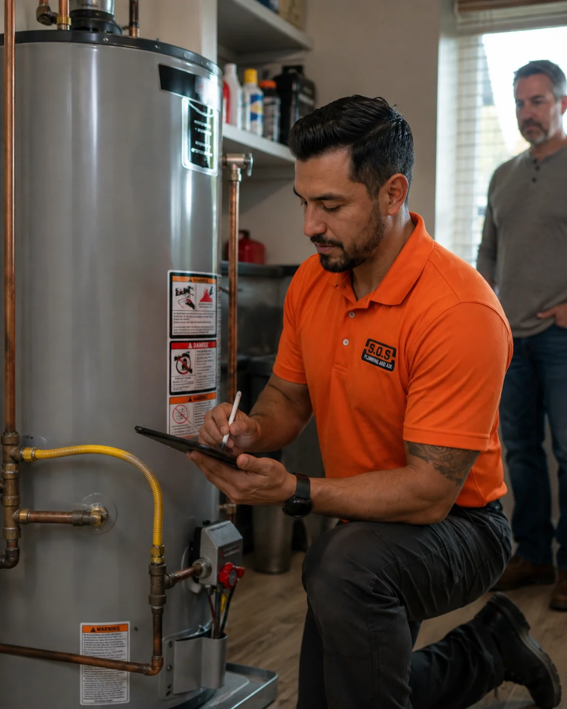 SOS Plumbing and Air technician assessing a water heater before providing a written estimate — no obligation, no pressure across the Inland Empire