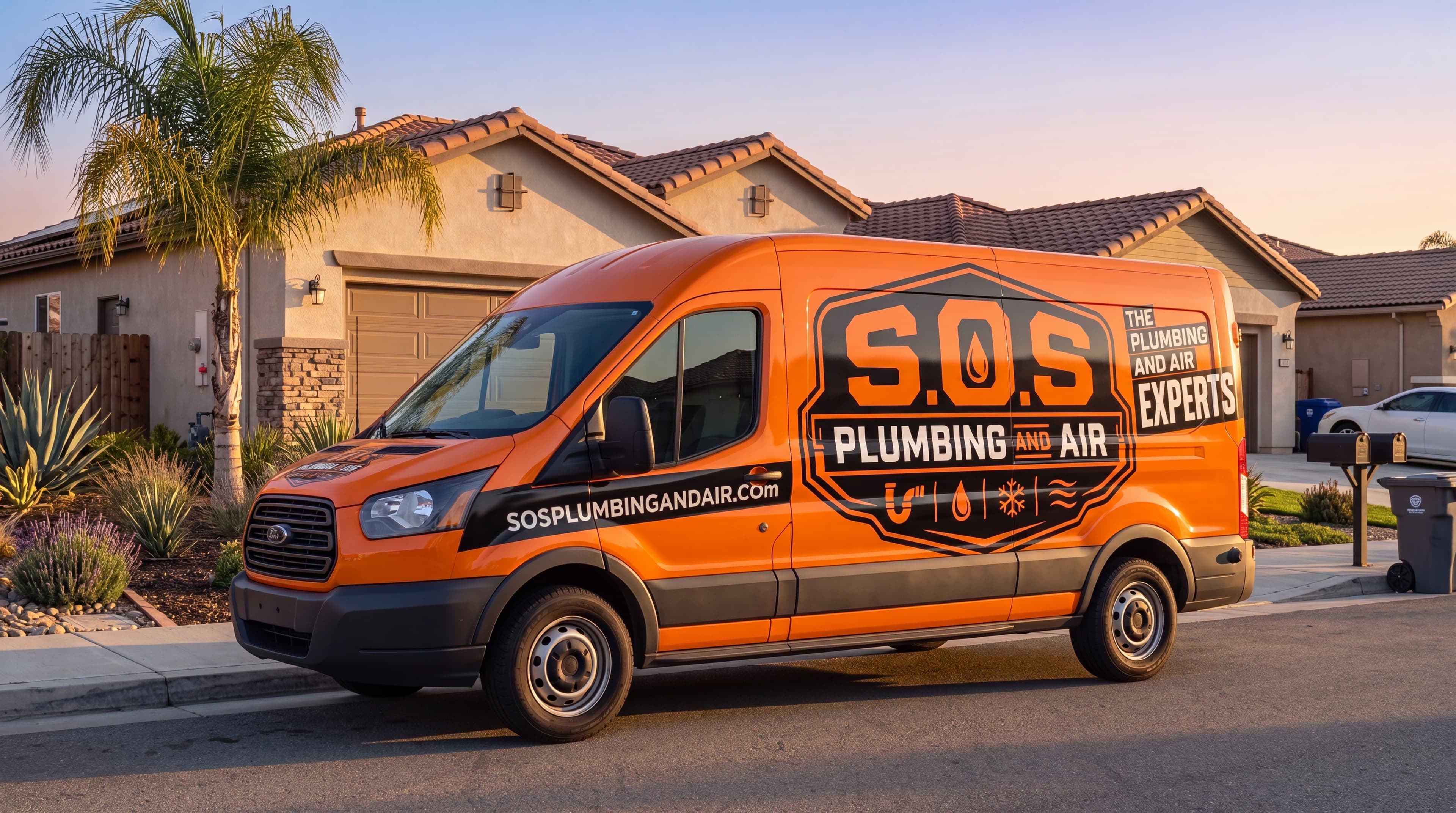 SOS Plumbing and Air service van at an Inland Empire home